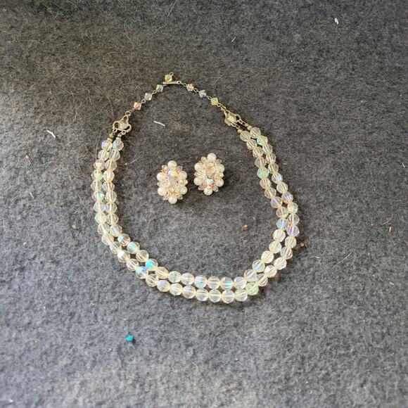 Vintage 1950s Aurora Borealis Crystal Glass Bead 17” Long & EARRINGS - Picture 1 of 9